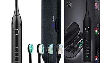 Ultrasonic Tooth Brush Electric 5 Replacement Heads Sonic Adult-32000/min IPX 7 Waterproof Cleaning Box bult-in Light Travel Case,10 up Kids Tooth Brush 5 Modes Gum Massage S5305-Black