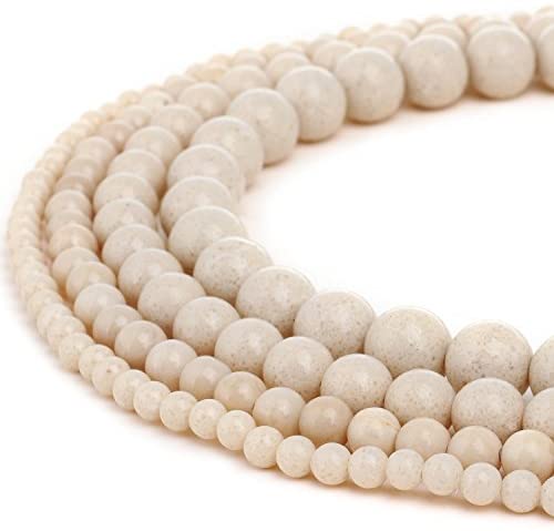 RUBYCA Natural White Cream Fossil Gemstone Round Loose Beads for Jewelry Making 1 Strand – 8mm