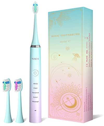Electric Toothbrush for Adults, YUNCHI Y7 Rechargeable Electric Sonic Toothbrushes, 5 Modes 4 Hours Charging for Minimum 30 Days, 40,000 VPM Motor and 2 Mins Smart Timer (3 Brush Heads, Green)