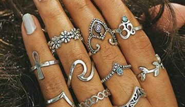 Adflyco Boho Crystal Ring Set Silver Flower Knuckle Ring Sets Hand Accessories Jewelry for Women and Girls (10PCS)