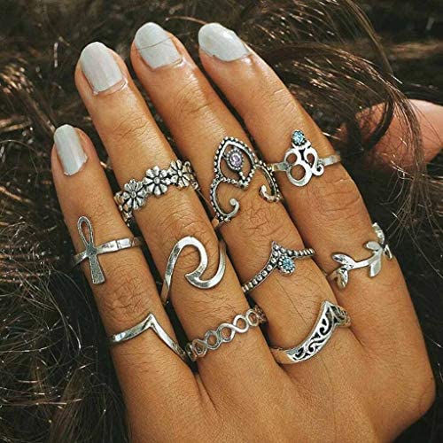 Adflyco Boho Crystal Ring Set Silver Flower Knuckle Ring Sets Hand Accessories Jewelry for Women and Girls (10PCS)