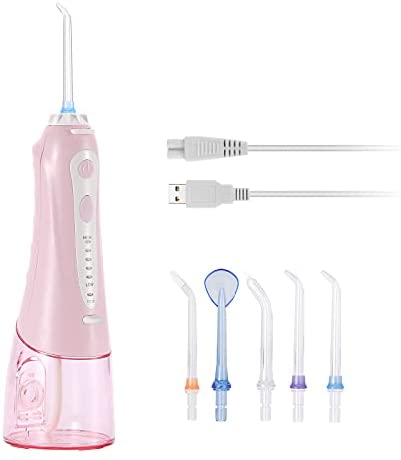 Oral Irrigator with 5 Modes,TackOre Rechargeable Waterproof Teeth Cleaner for Travel Portable Water Dental Flosser Cordless with 5 Jet Tips for Teeth and Braces,240ML Detachable Tank,Pink