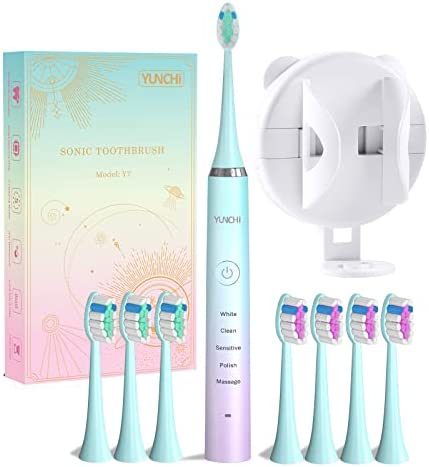 Electric Toothbrush for Adults & Kids, YUNCHI Y7 Rechargeable Sonic Electric Toothbrushes, 8 Dupont Brush Heads, 5 Modes Fast Charge for 30 Days, 40,000 VPM Motor & 2 Mins Timer Tooth Brush, Green