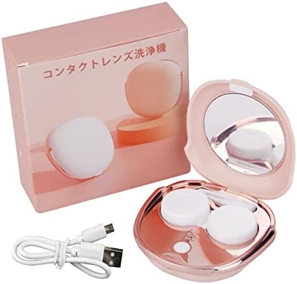 Contact Lens Cleaner Case, Portable Ultrasonic Contact Lens Cleaner with USB Charger, Travel Contact Lens Box with Mirror Suitable for Disposal Soft Lens, Colored Contact Lens, RGP and OK Lens (Pink)