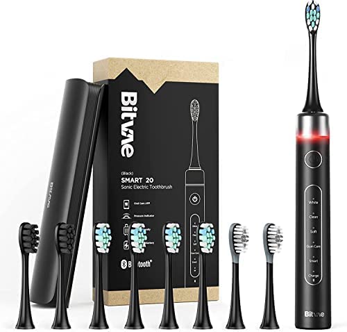 Sonic Electric Toothbrush for adults with Smart Bluetooth App , Ultrasonic Electronic Toothbrush with Pressure Sensor , Black Electric Toothbrushes 8 Brush Heads , Bitvae