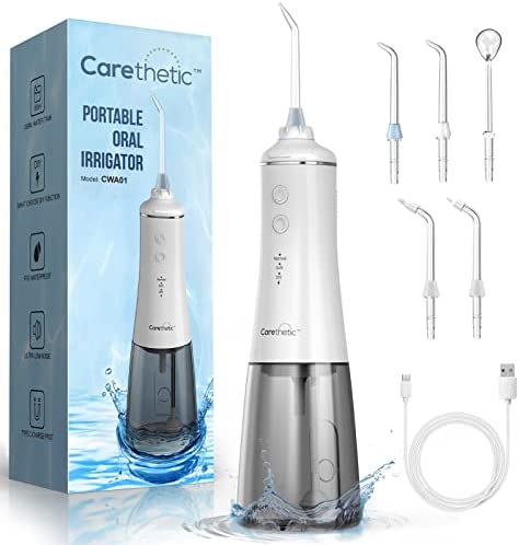 Cordless Water Dental Flosser for Teeth – Carethetic Portable and Rechargeable Oral Irrigator – with DIY Mode 350ML 5 Jet Tips – IPX7 Waterproof Powerful Battery Water Dental Picks for Home&Travel