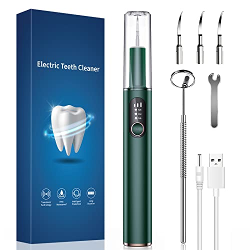 Electric Rechargeable Plaque Remover for Teeth,Teeth Cleaning Kit with LED Light，Tooth Cleaner Tartar Remover Plaque Blaster for Adults,Oral Care for Home ,wih 3 Replacement Head,Green