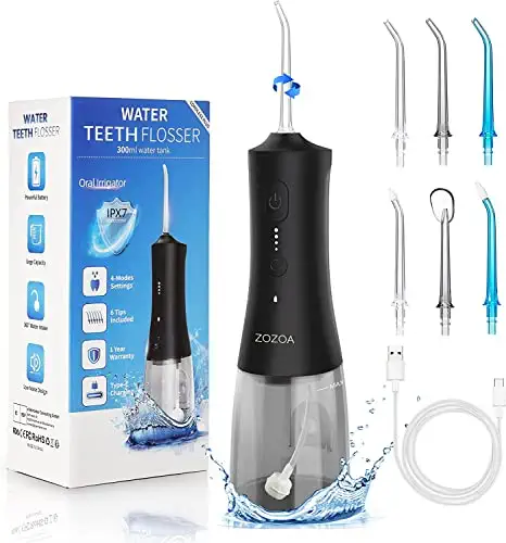 ZOZOA Cordless Water Dental Flosser, 4 Mode Oral Irrigator, Portable Rechargeable Teeth Cleaner, Ipx7 Waterproof, 6 Replacement Jet Tips, 300ml Water Pick for Teeth Cleaning Braces, Home Travel(Black)