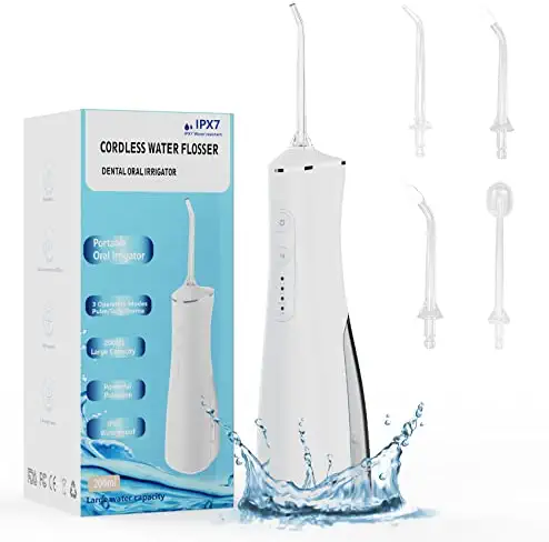 SENXIN Water Flosser Cordless, Dental Oral Irrigator with 3 Modes, 4 Replaceable Jet Tips, IPX7 Waterproof, 200ml Teeth Cleaner for Home and Travel (White)