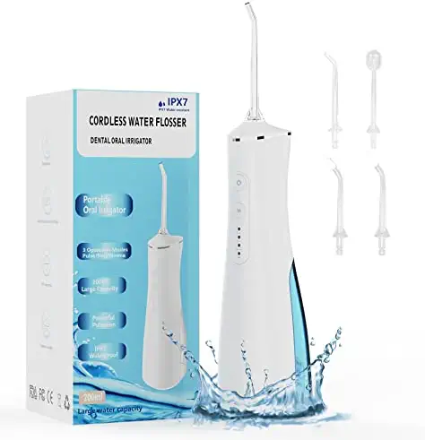 SENXIN Water Flosser Cordless, Dental Oral Irrigator with 3 Modes, 4 Replaceable Jet Tips, IPX7 Waterproof, 200ml Teeth Cleaner for Home and Travel (Blue)