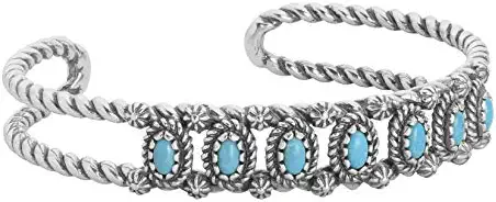 American West Sterling Silver Choice of Gemstone 7-Stone Double Rope Floral Cuff Bracelet Size S, M or L