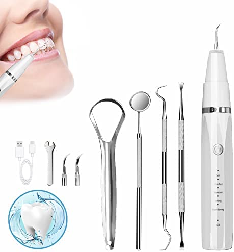 at Home Plaque Remover for Teeth, Electric Teeth Cleaning Kit with LED Light, Tooth Calculus Cleaner Tartar Remover for Teeth with 5 Adjustable Modes (White)