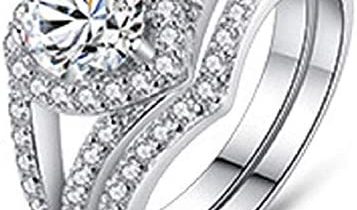 HengSun Flame Reflection Stainless Steel Rings Wedding Set Round CZ Cubic Zirconia Wedding Sets for Women Halo Rings for Jewelry Set Engagement Ring Set for Women 925 Sterling Silver (US 7)