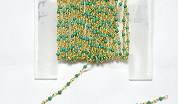 3 Feet Compressed Turquoise, Wire Wrapped Rondelle Beads, Wire Wrapped Rosary Style Beaded Chain, Chain By The Foot, Gold Plated