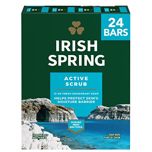 Irish Spring Active Scrub Mens Bar Soap, Men’s Exfoliating Bar Soap, Smell Fresh and Clean for 12 Hours, Men Soap Bars for Washing Hands and Body, Recyclable Carton, 24 Pack, 3.7 Oz Soap Bars