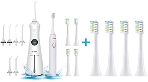Water Flosser and Ultrasonic Electric Toothbrush Combo + 4 Pack Replacement Toothbrush Heads Compatible with ANWIEL