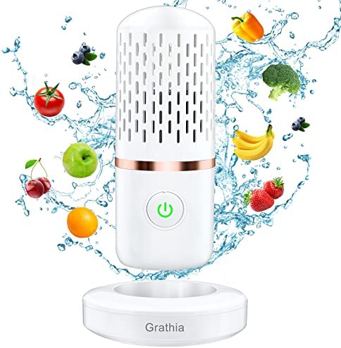 Grathia Fruit and Vegetable Washing Machine, USB Wireless Rechargeable Portable Capsule Purifier, Automatic Household Food Cleaner for Cleaning Fruits, Veggie, Rice, Meat, Tableware (White)