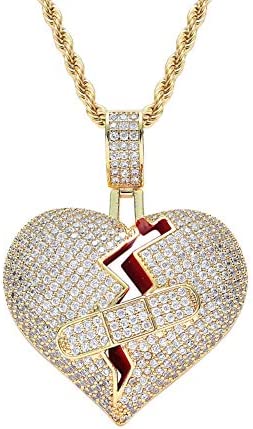 OAKKY Unisex Silver Plated/Gold Plated Plated Iced Out Full CZ Hip Hop Broken Heart Pendant Necklace with Chain