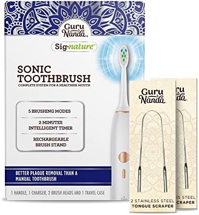GuruNanda Sonic Toothbrush with 4100 Rechargeable Electric Power, 2 Brush Heads & 1 Travel Case – and 100% Stainless Steel Tongue Scraper U Shaped (4 Count) – Helps in Teeth Whitening & Fresh Breath