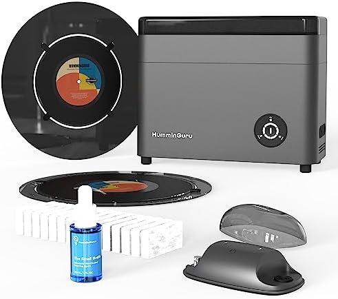 HumminGuru Vinyl Record Cleaning Kit (5-in-1) | Ultrasonic Vinyl Record Cleaning Machine with 7”&10” Record Adapters + S-Duo + Small Bottle + Water Filters + Premium Dust Cover