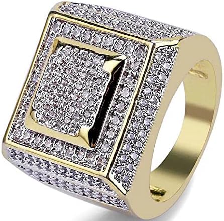 DOCCESTU 14k Gold Plated Deluxe Inlaid Simulated Diamond Ice Ring with Cubic Zirconia Glittering Gold Ring Engagement Hip Hop Jewelry Eternal Wedding Ring for Men and Women(size12)