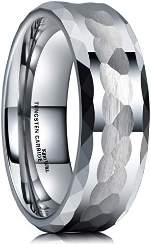 King Will Hammer 8mm Silver Tungsten Ring Hammered Multi-Faceted Men Wedding Band Polished Domed Brushed Step Edge Comfort Fit