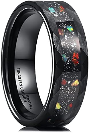 King Will 8mm Mens Silver/Black Tungsten Carbide Ring for Men Really Nature Koa Wood Inlay/Galaxy Series Opal Inlay Wedding Bands Hammered Multi-Faceted Finish edge