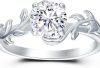 Frayerr Gift For Women – Brilliant 1.01 Carat Round Cut Moissanite Rings – Leaf Shaped Platinum Plated 925 Silver Ring – Art Deco Engagement Rings For Women – Vines Style Promise Rings For Her
