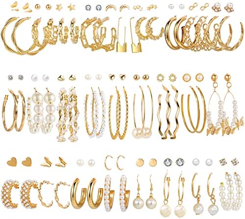51 Pairs Gold Hoop Earrings Set for Women, Pearl Dangle Earrings Pack, Chunky Hoops Earrings Sets for Multiple Piercing