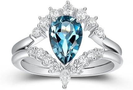 Moissanite Ring – 925 Sterling Silver Wedding Band – Topaz Wedding Sets – Retro 1.50 Carat Natural London Blue Topaz Ring – Pear Shape Moissanite Women Ring – Birthstone Ring – Birthday Gifts